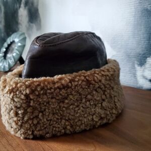 ✅ Vintage Leather Shearling Winter Cap, Brown
